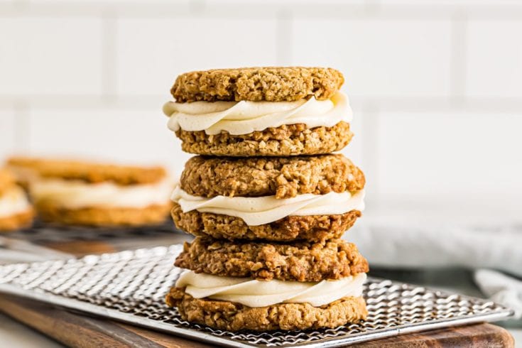 Stack of 3 oatmeal cream pies on cooling rack