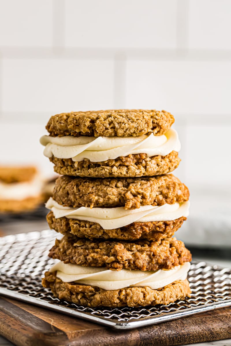 Stack of 3 oatmeal cream pies on cooling rack