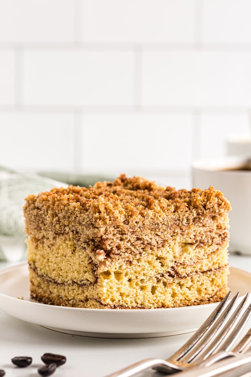 Sour cream coffee cake square on plate