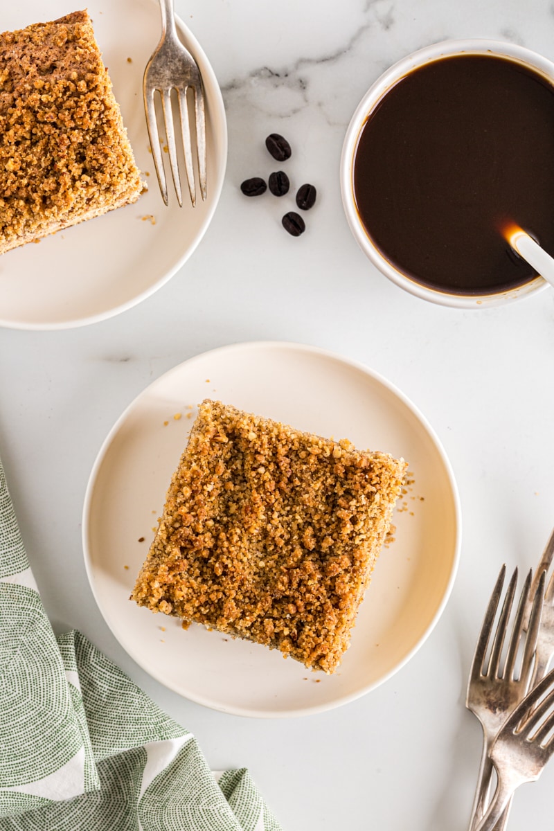 Overhead view of coffee cake squares on plates