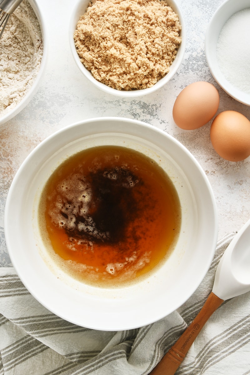 overhead view of brown butter in a white mixing bowl