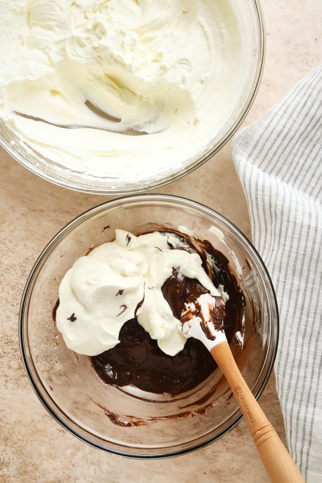 overhead view of whipped cream added to chocolate