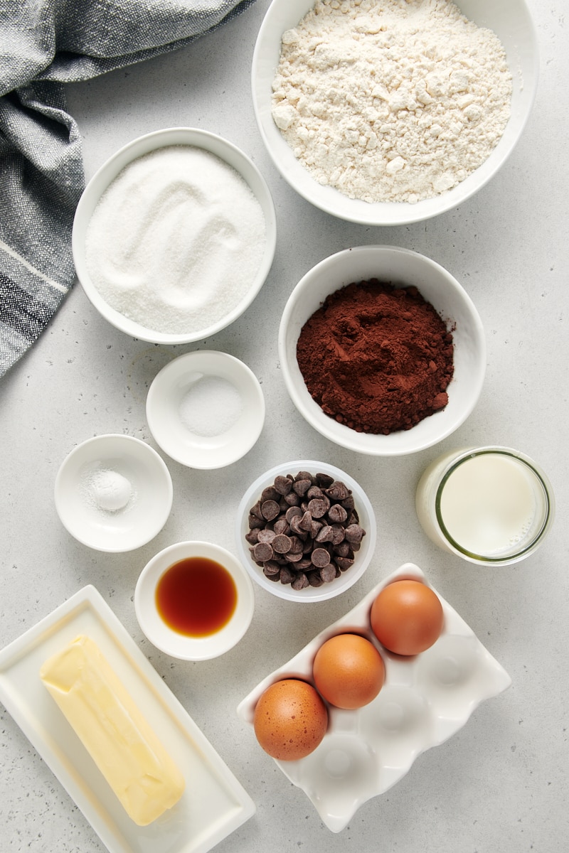 overhead view of ingredients for Chocolate Loaf Cake