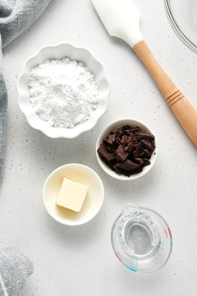 overhead view of ingredients for chocolate glaze