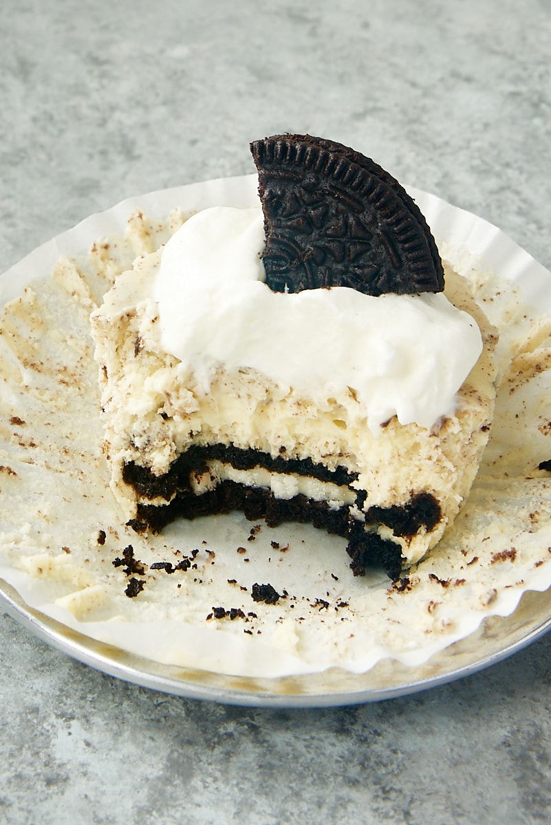 a Cookies and Cream Cheesecake with a bite missing