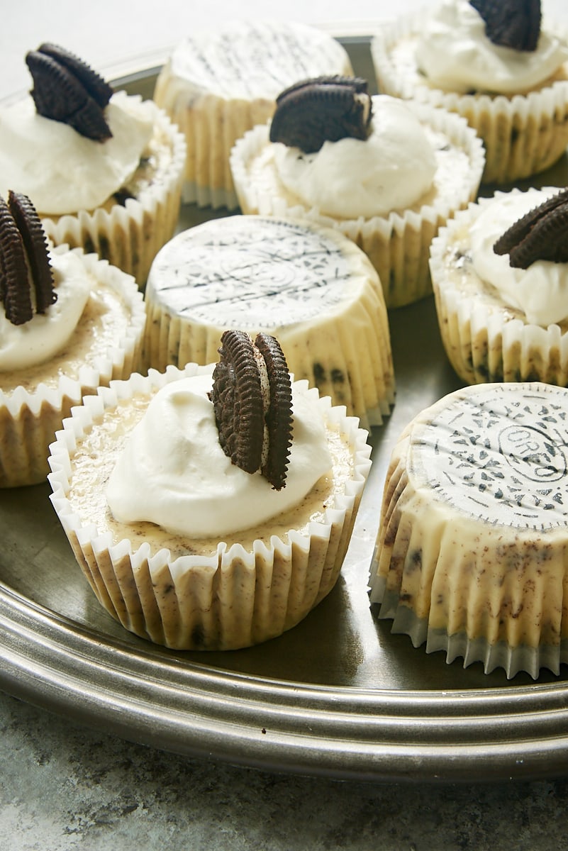 Cookies and Cream Cheesecakes served on a pewter tray