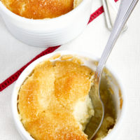 two Meyer Lemon Pudding Cakes in white ramekins with a spoon sticking out of one of them