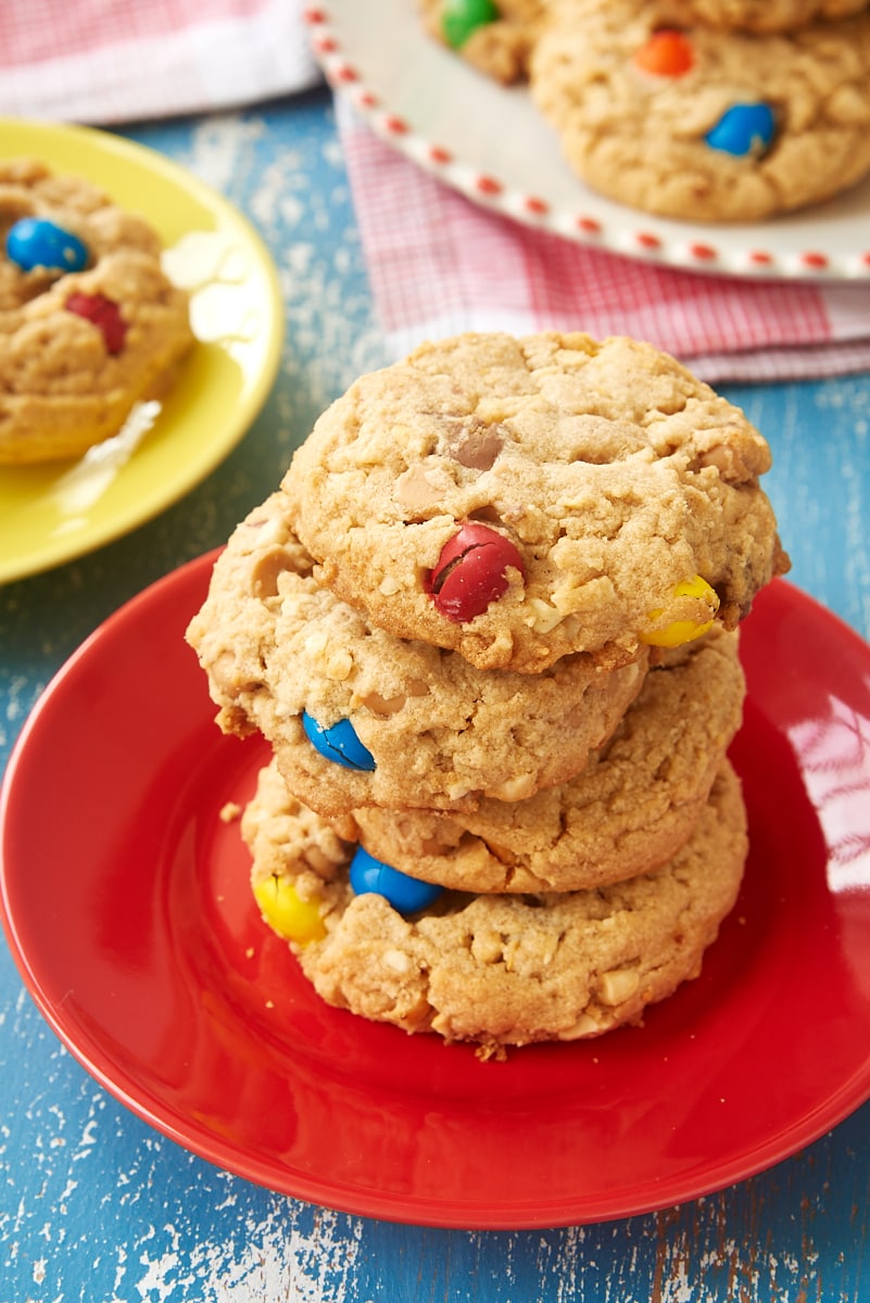 stack of Peanut Butter Lovers' Cookies on a red plate