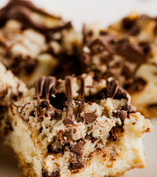 Closeup of chocolate chip cookie dough cheesecake bars