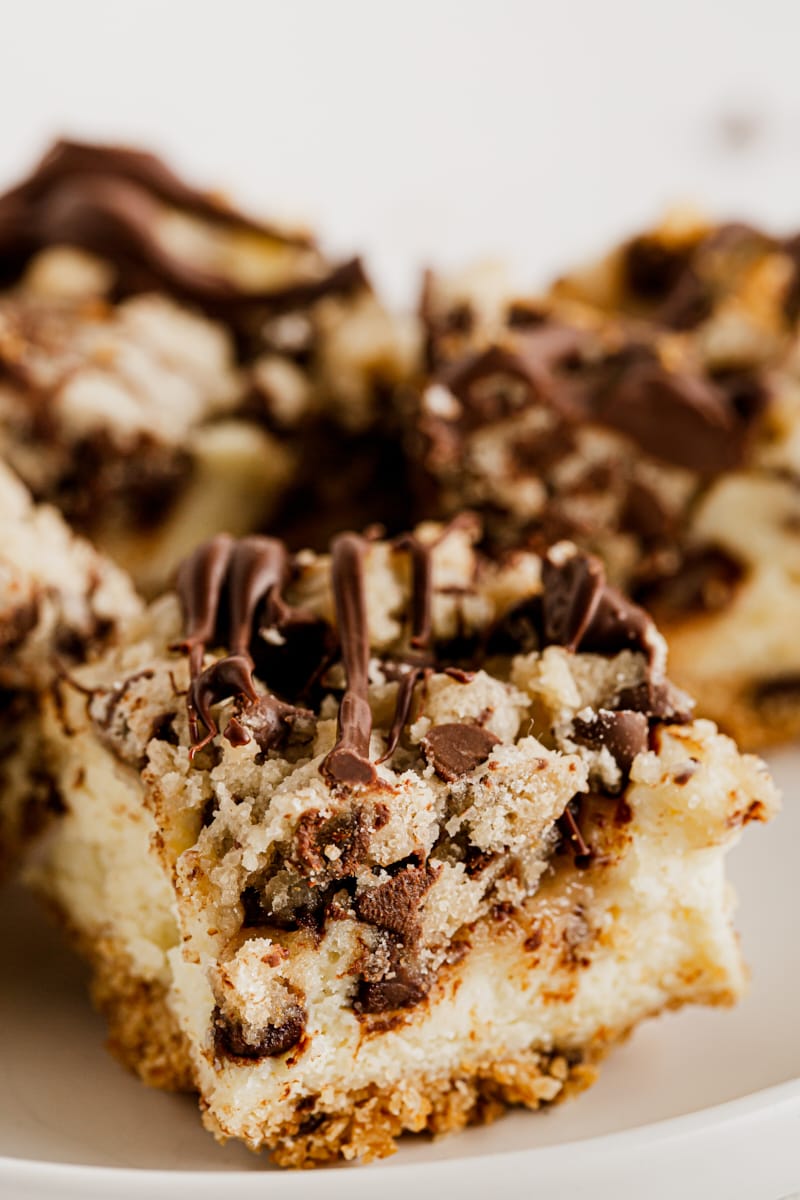 Closeup of chocolate chip cookie dough cheesecake bars