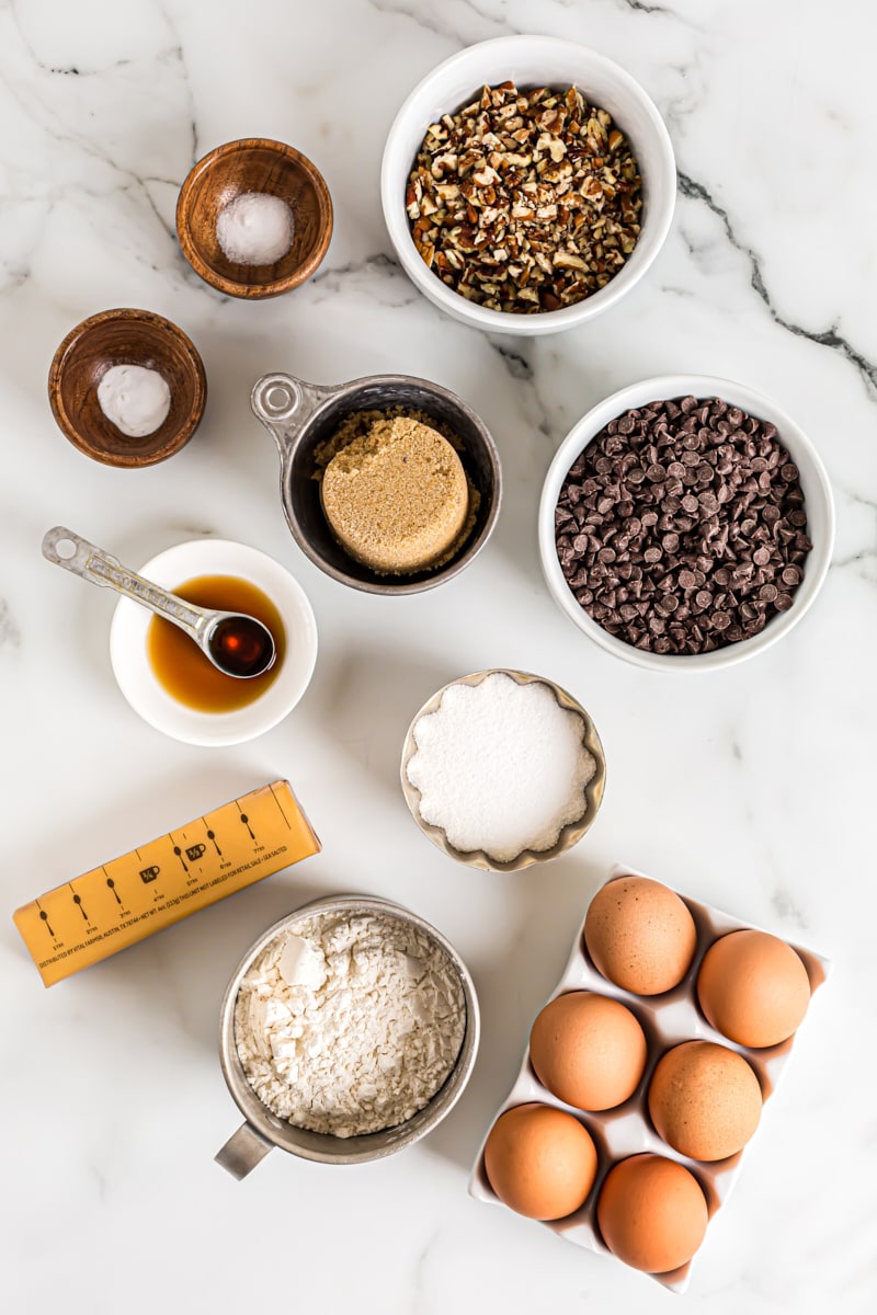 Overhead view of chocolate chip cupcake ingredients