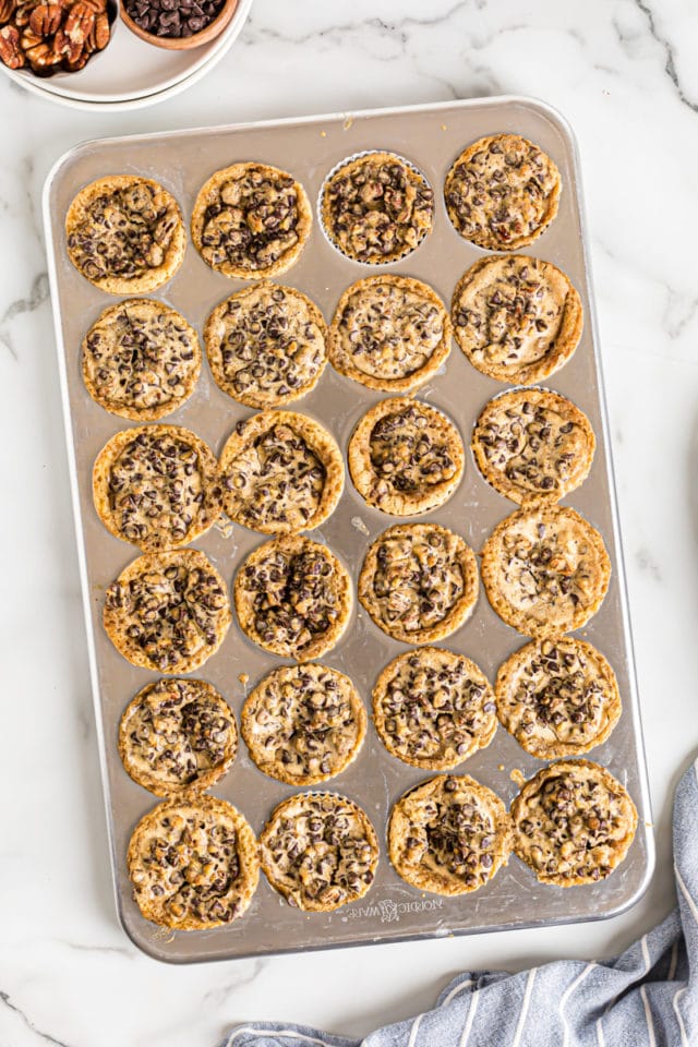 Overhead view of chocolate chip cupcakes in muffin tin