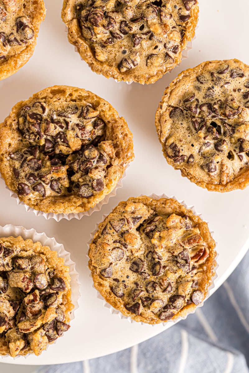 Overhead view of chocolate chip cupcakes on cake stand