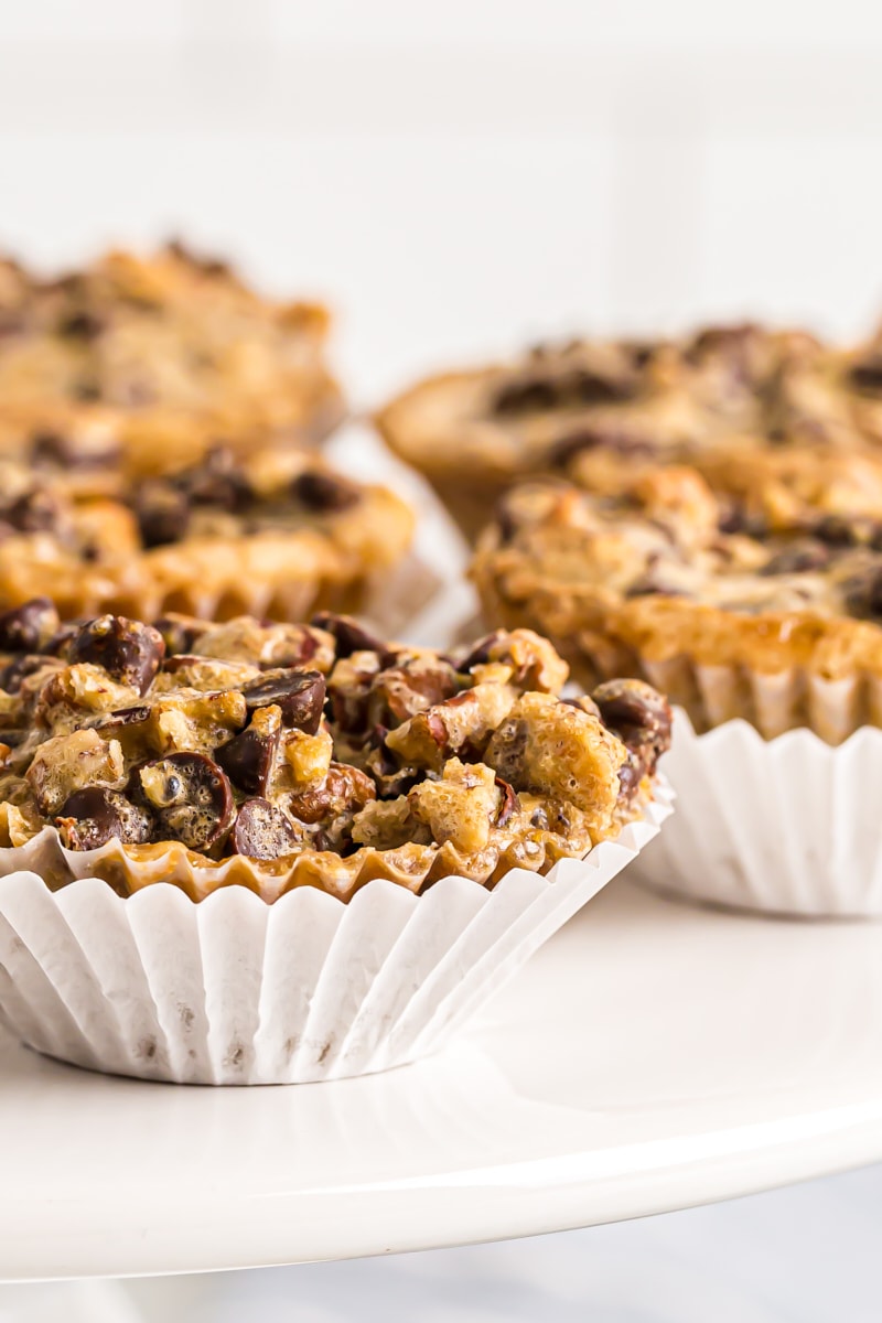 Closeup of chocolate chip cupcakes in cupcake wrappers