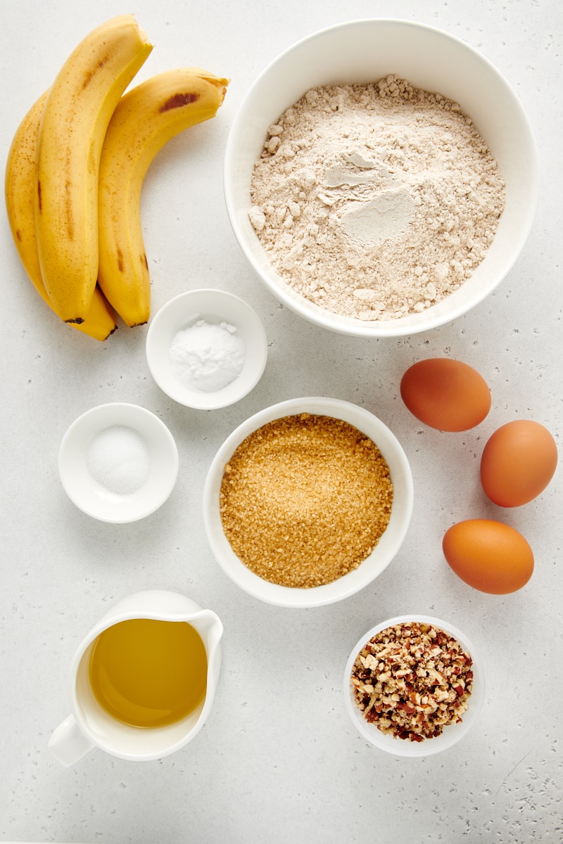 Overhead view of ingredients for banana nut muffins.