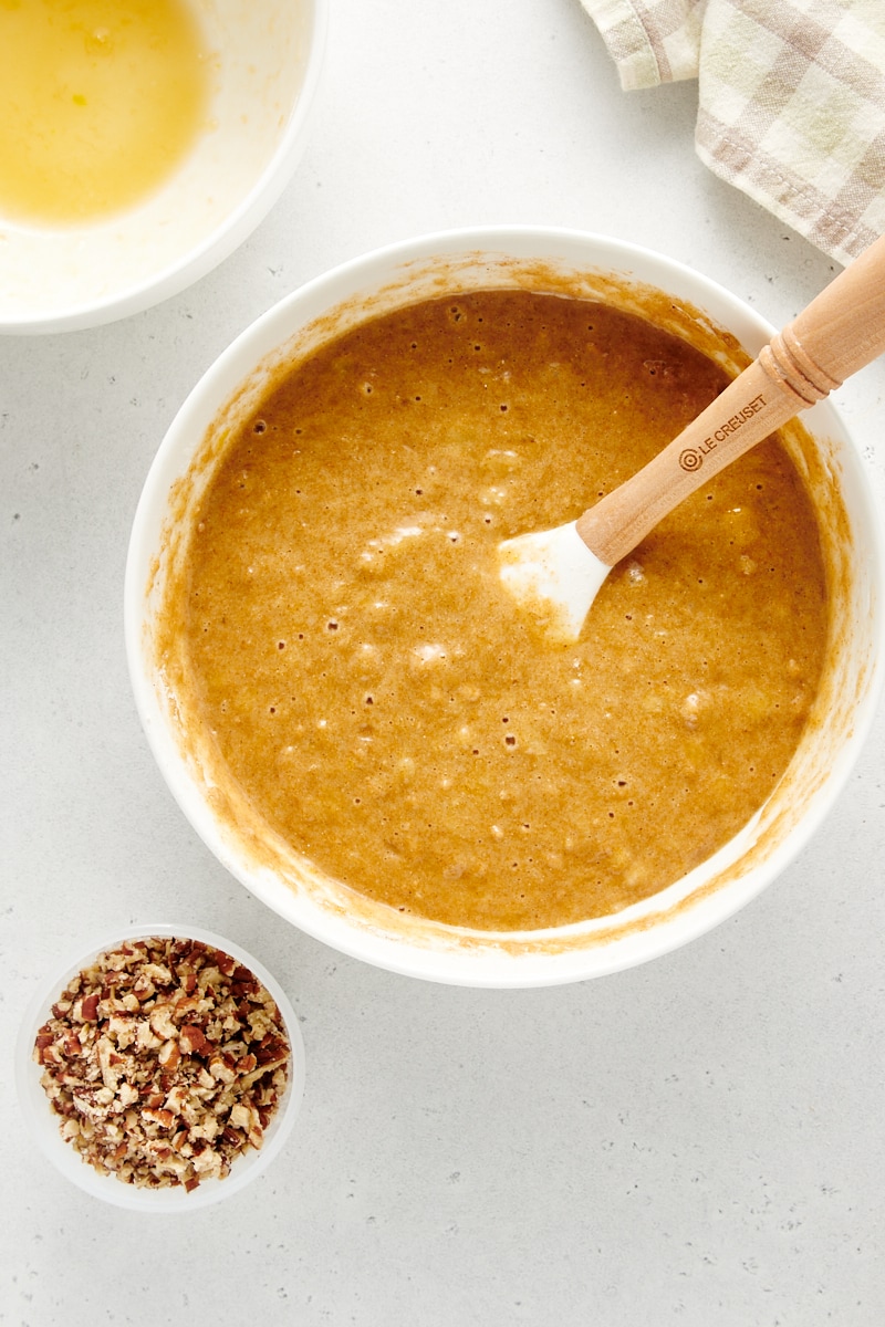 overhead view of mixed banana muffin batter