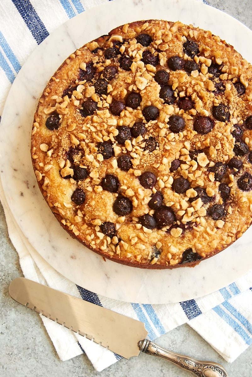 overhead view of Blueberry Coffee Cake on a marble cake plate