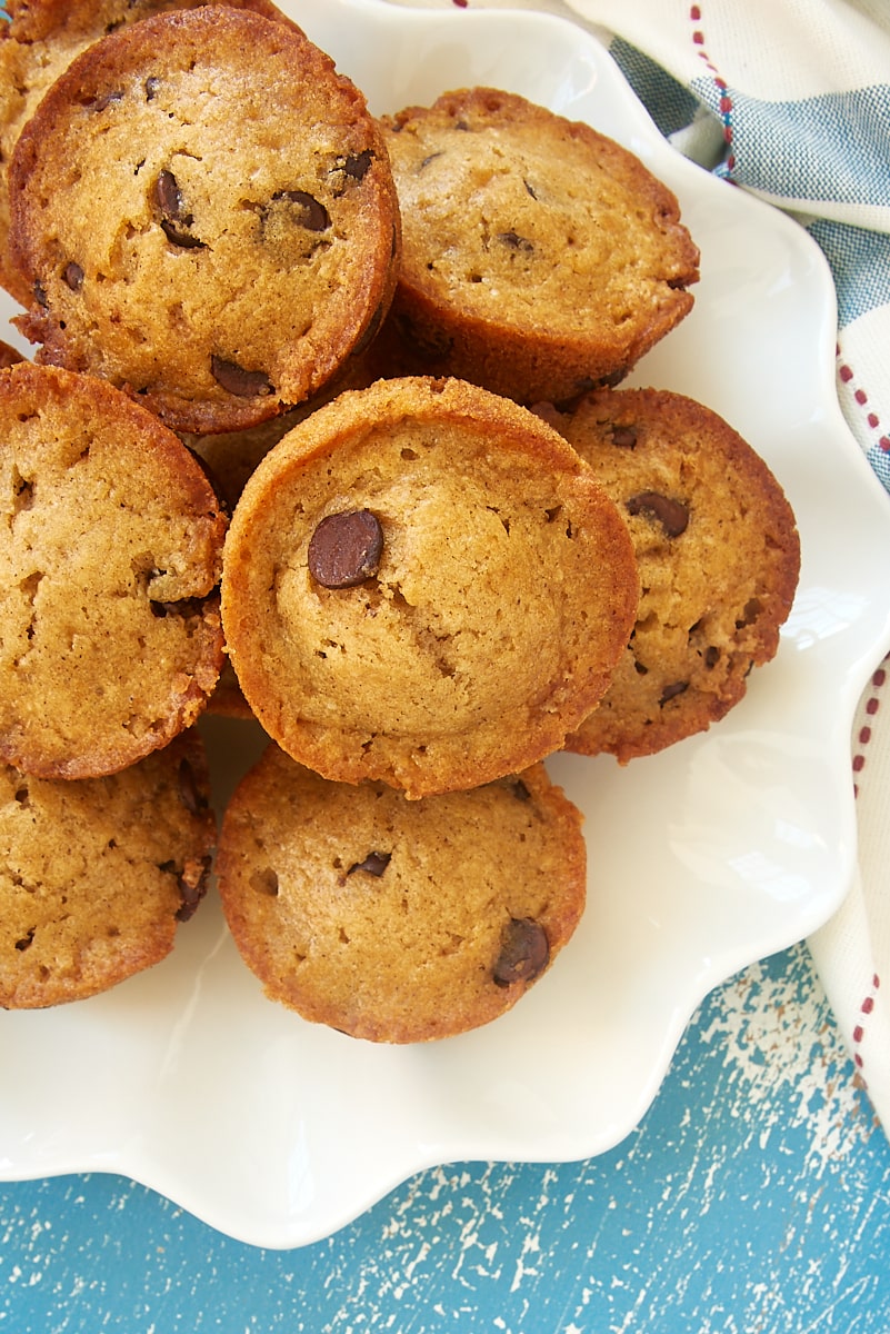 overhead view of Chocolate Chip Muffins on a white plate