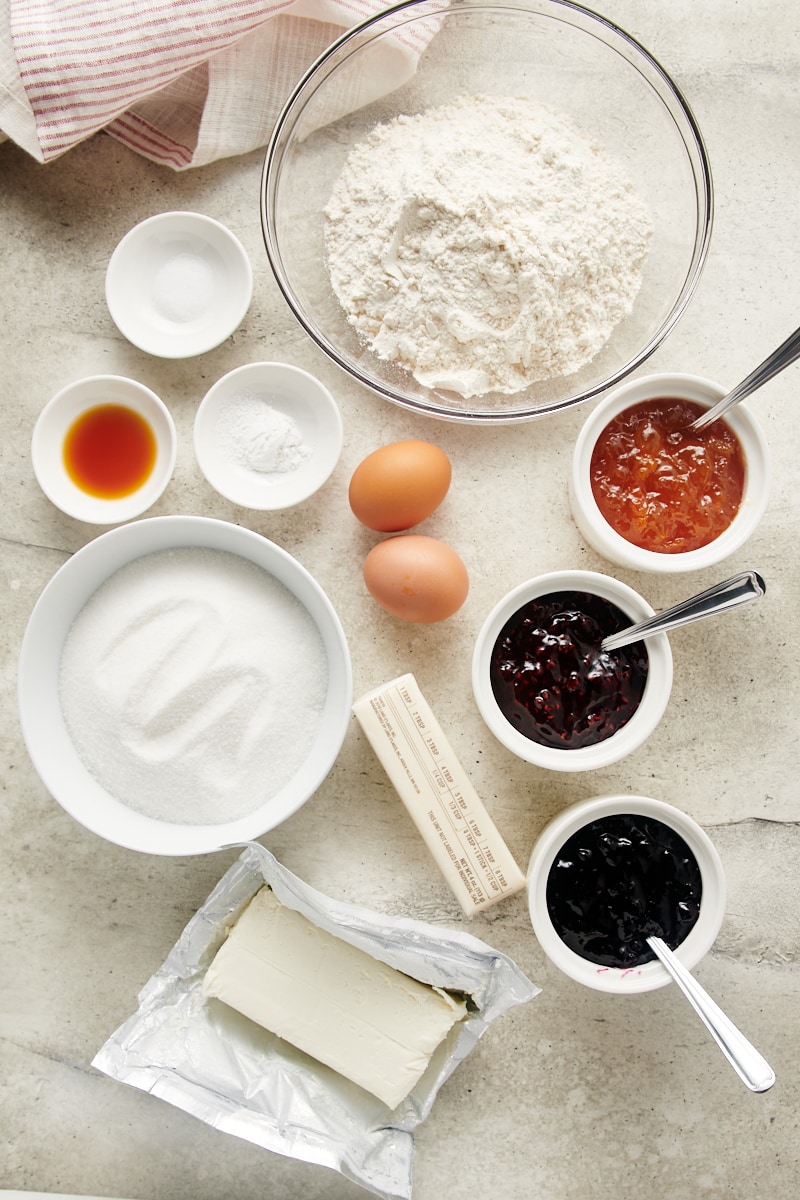 overhead view of ingredients for Cream Cheese Thumbprint Cookies