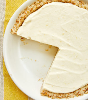 overhead view of Lemon Icebox Pie with a few slices missing