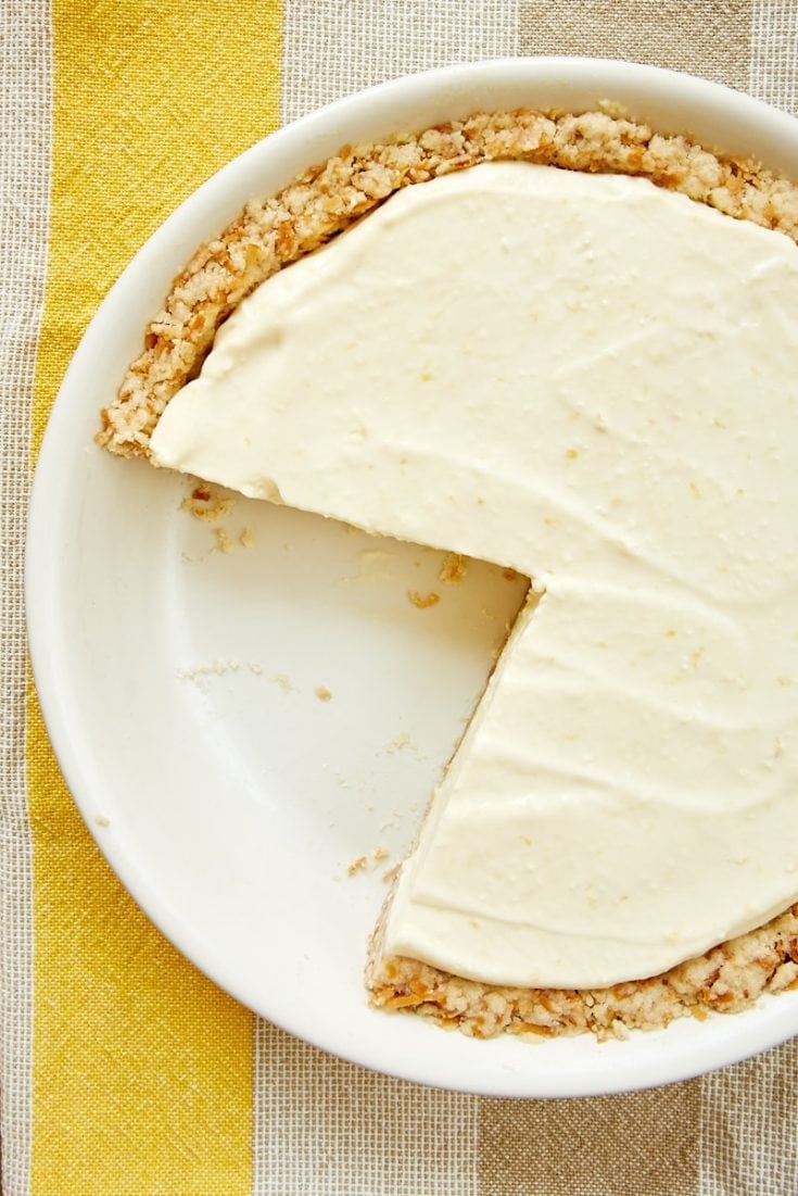 overhead view of Lemon Icebox Pie with a few slices missing