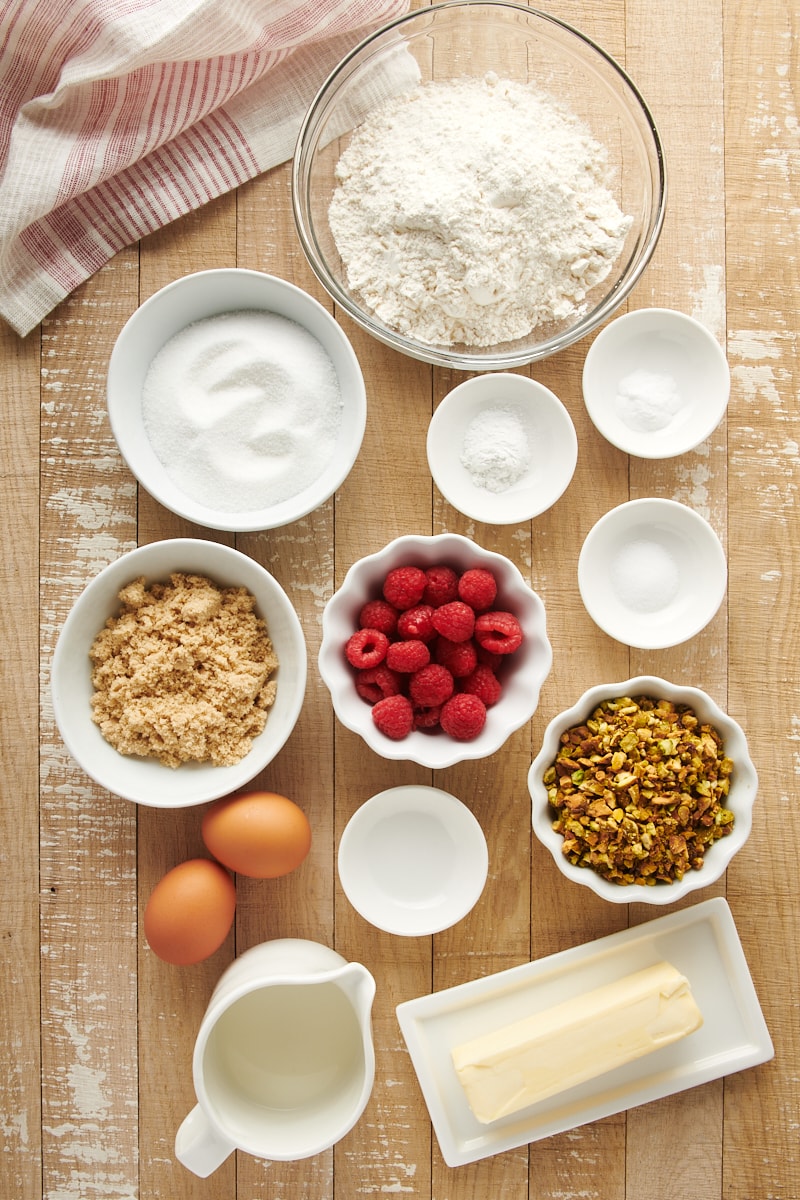 overhead view of ingredients for Raspberry Pistachio Muffins