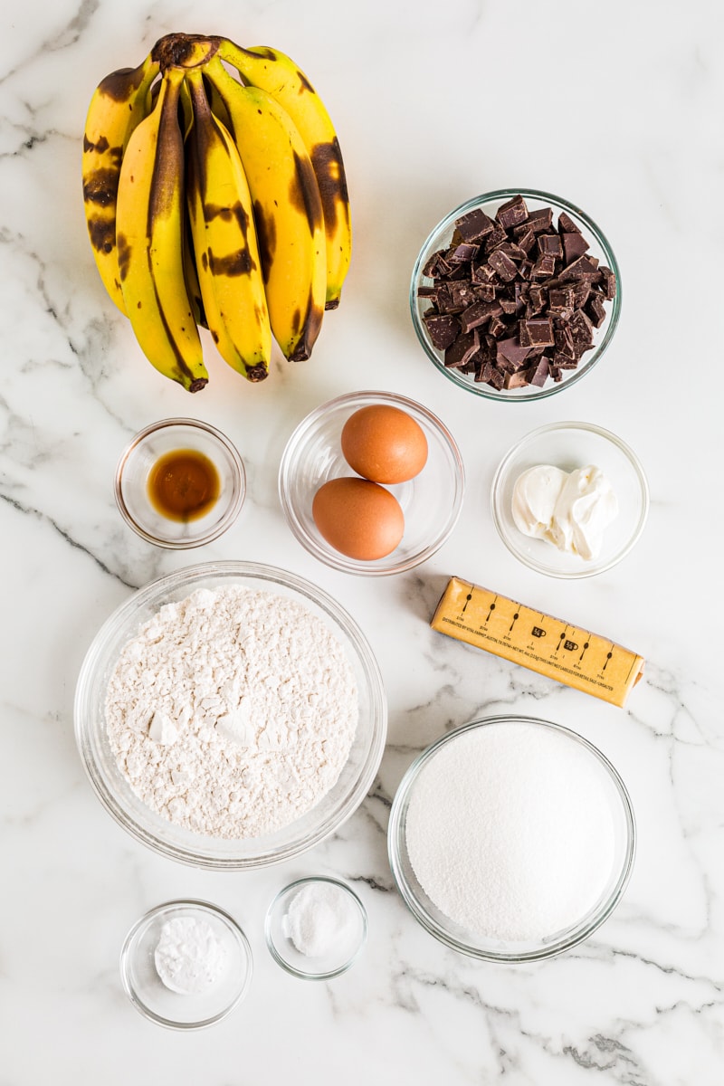 Overhead view of Chocolate Chunk Banana Bread ingredients