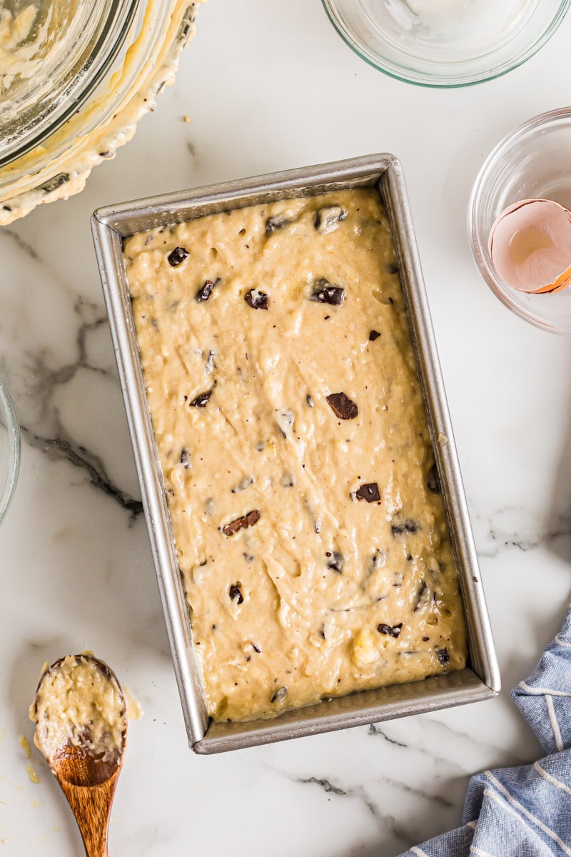 Overhead view of Chocolate Chunk Banana Bread batter in pan