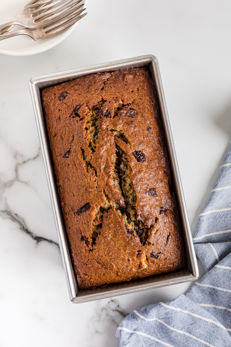 Overhead view of Chocolate Chunk Banana Bread in loaf pan