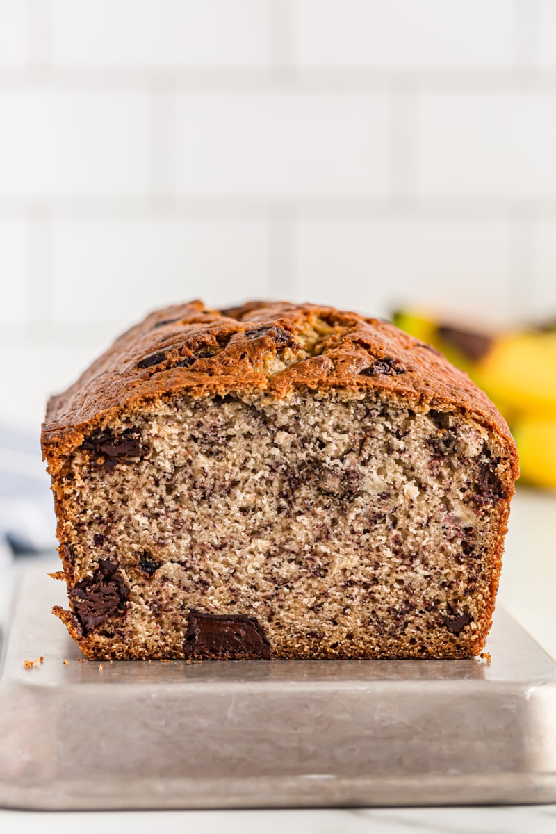Side view of Chocolate Chunk Banana Bread, showing inside