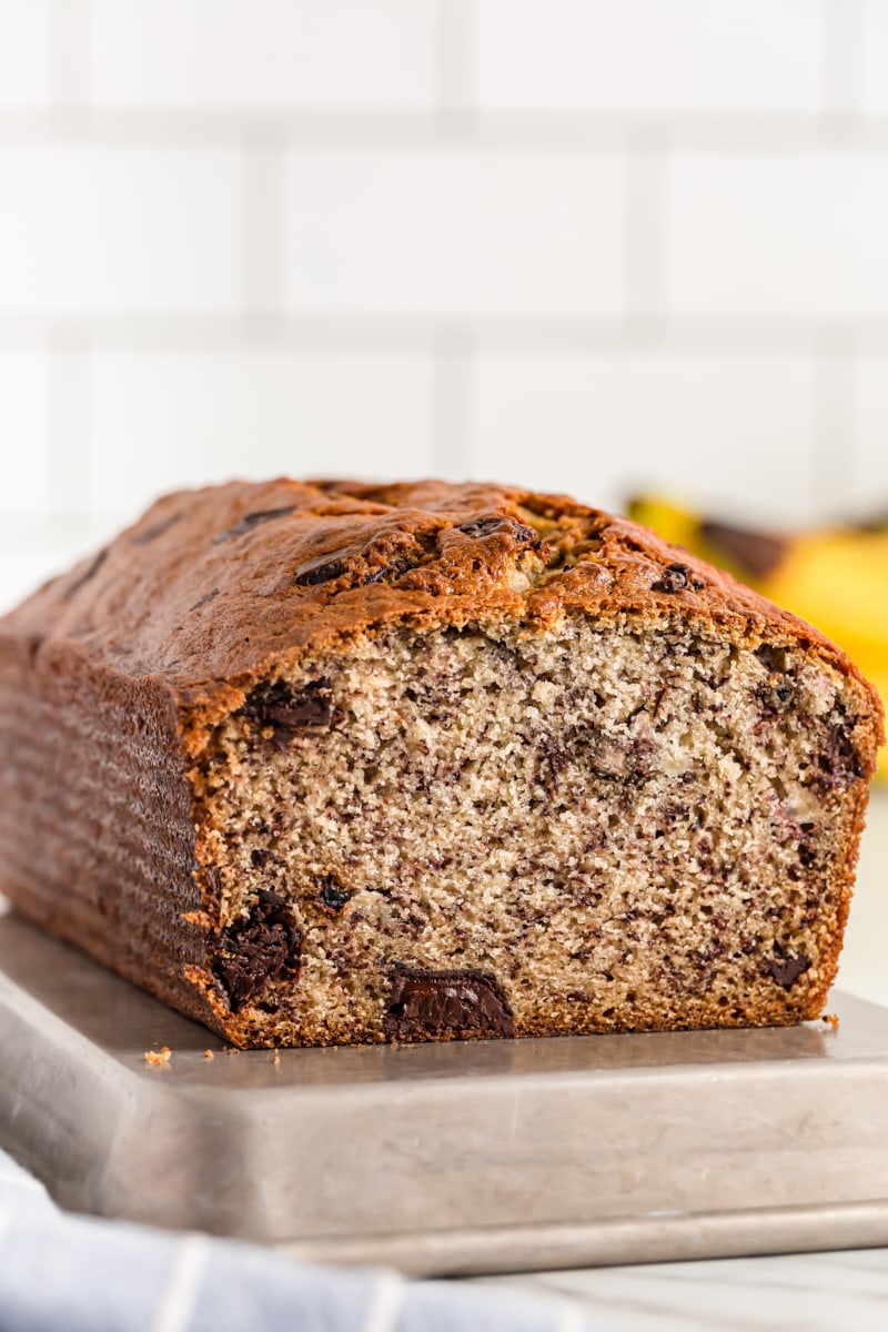 View of cut Chocolate Chunk Banana Bread, showing inside