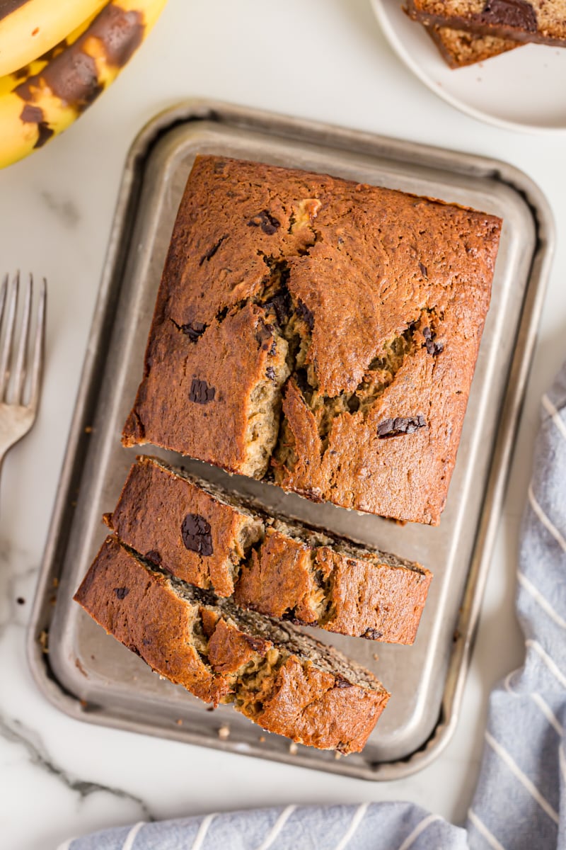 Sliced loaf of Chocolate Chunk Banana Bread