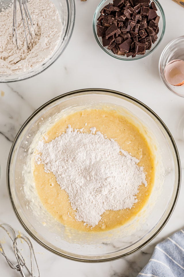 Dry banana bread ingredients before mixing into wet ingredients