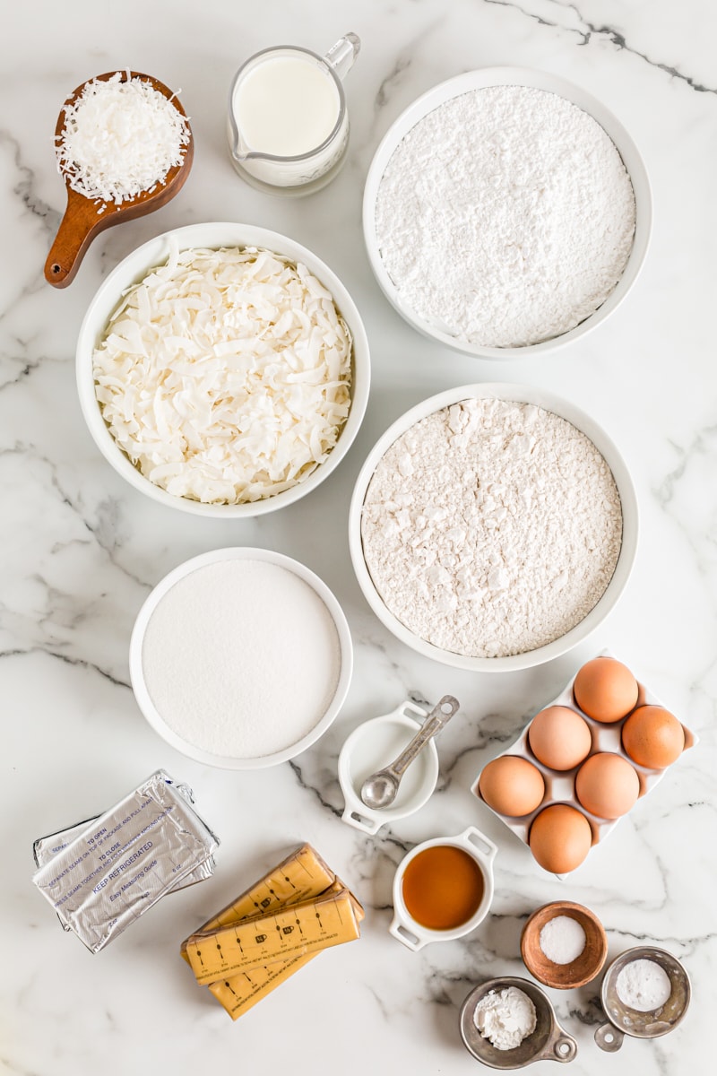 Overhead view of coconut cake ingredients