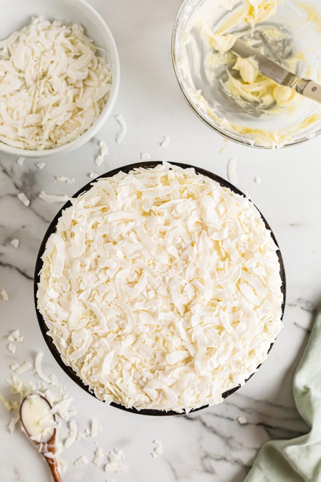 Overhead view of whole coconut cake