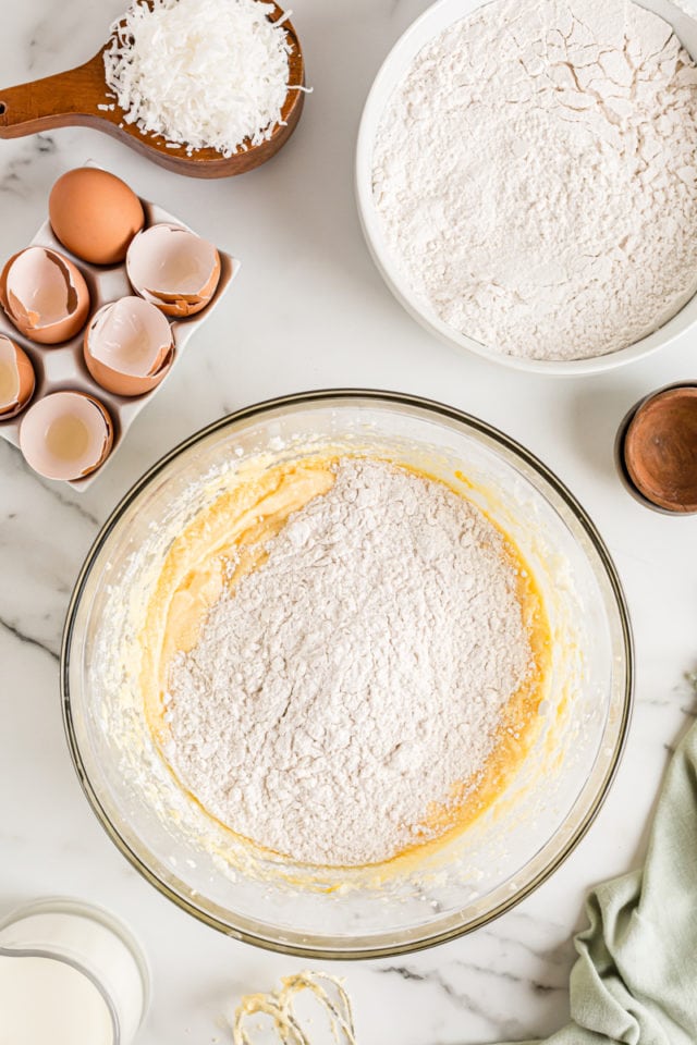 Overhead view of dry ingredients in cake batter, before incorporating