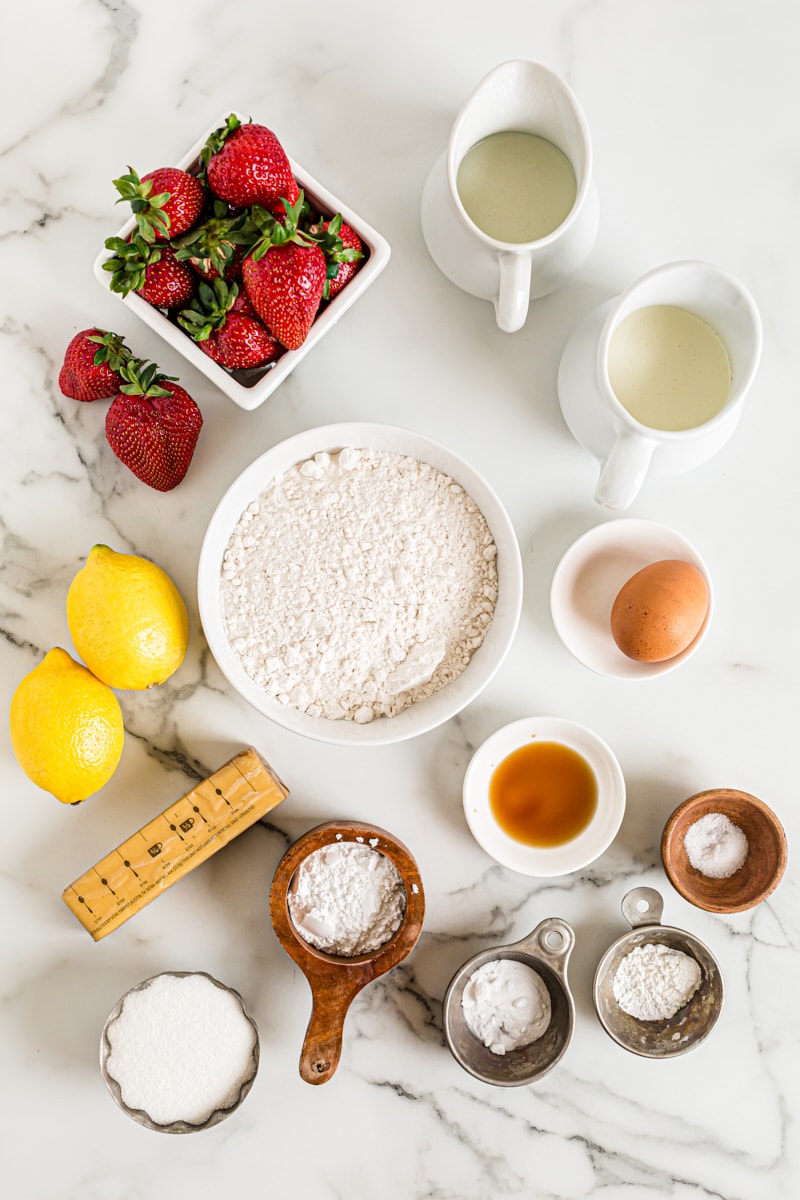 Overhead view of Lemon-Strawberry Shortcake ingredients