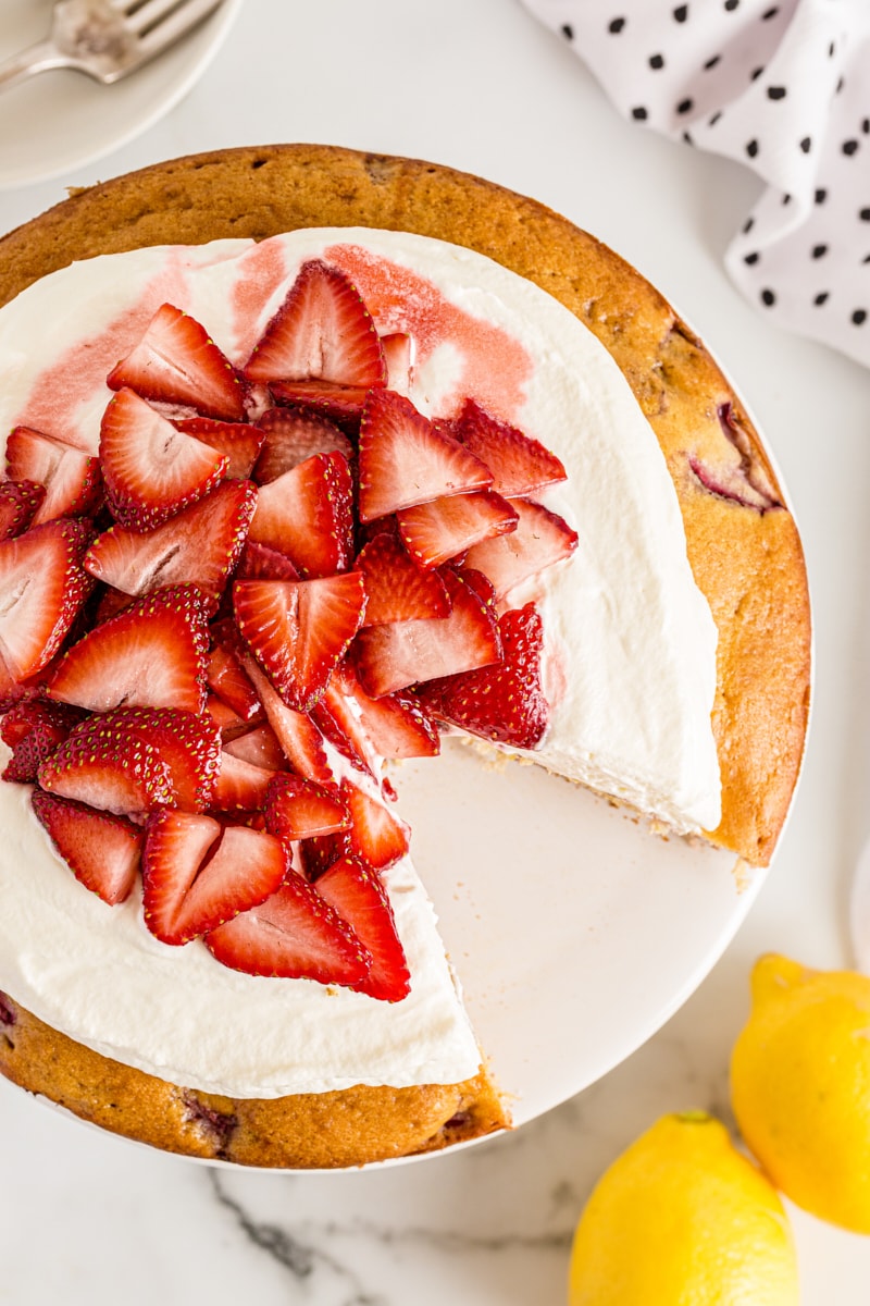 Overhead view of Lemon-Strawberry Shortcake with one slice removed