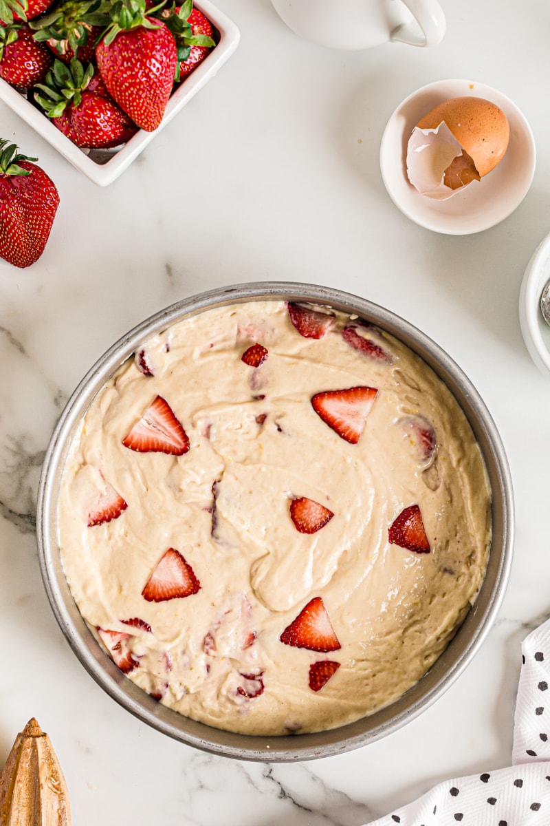 Overhead view of cake batter in pan