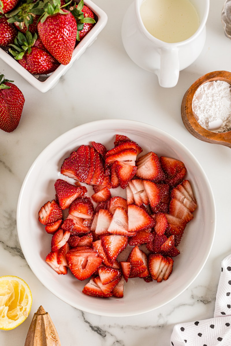 Overhead view of strawberries in bowl