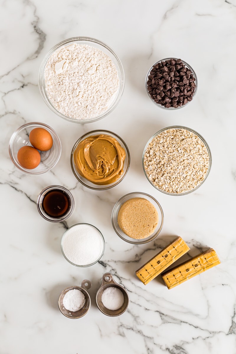 Overhead view of ingredients for Oatmeal Peanut Butter Chocolate Chip Cookies