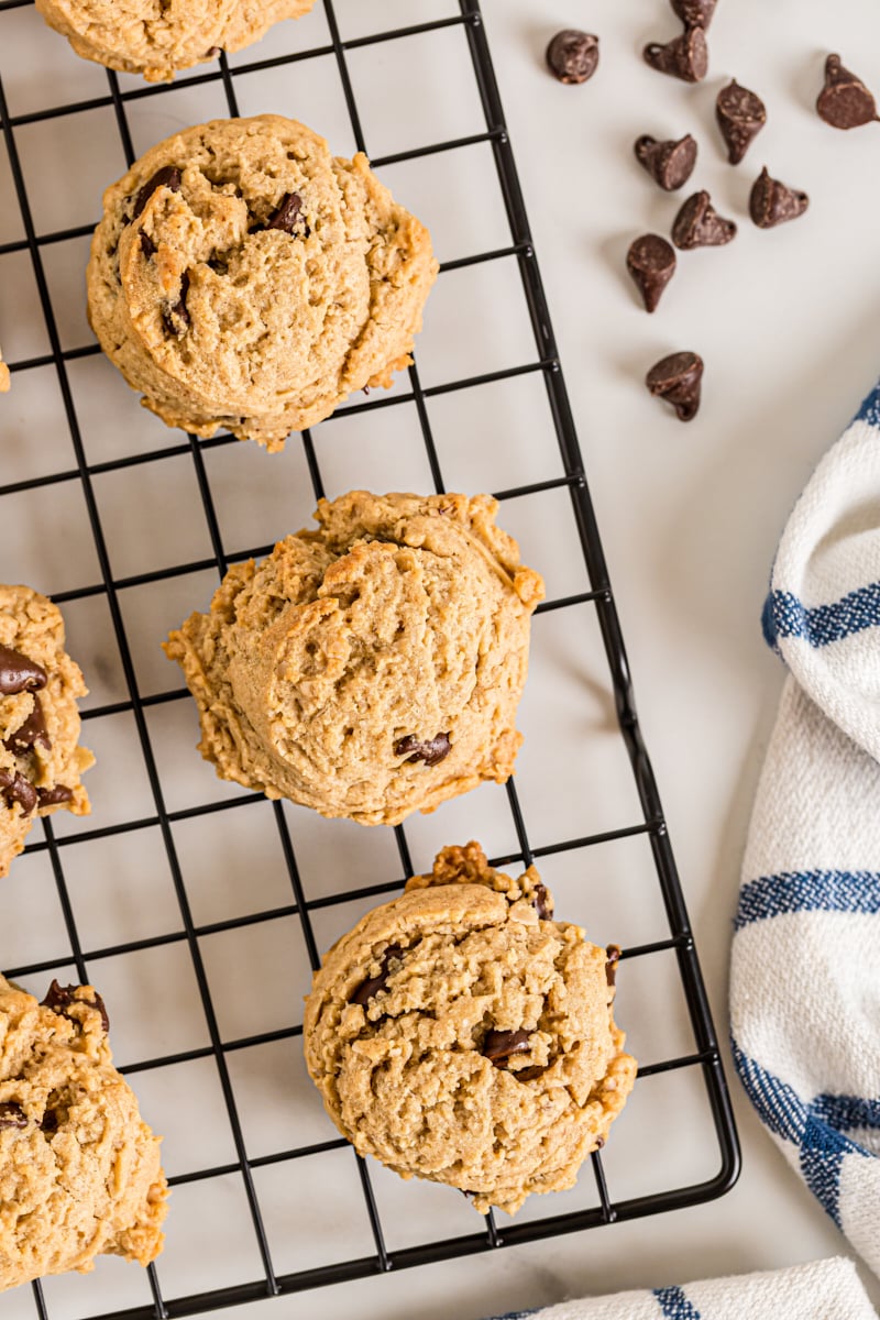 Overhead view of Oatmeal Peanut Butter Chocolate Chip Cookies on wire cooling rack