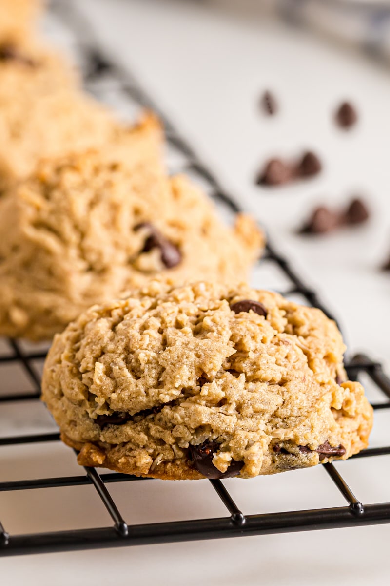 Closeup of Oatmeal Peanut Butter Chocolate Chip Cookies on wire cooling rack