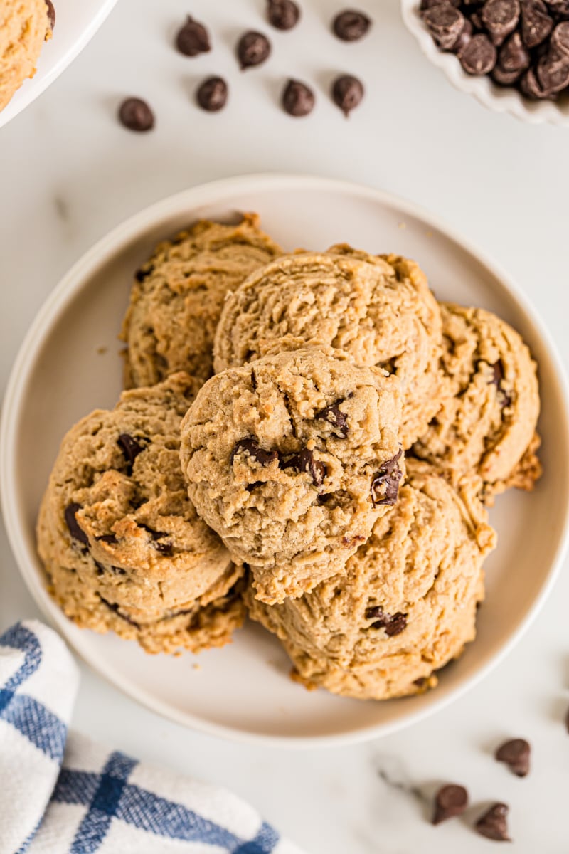 Oatmeal Peanut Butter Chocolate Chip Cookies stacked on plate
