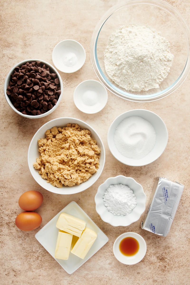 overhead view of ingredients for Cheesecake-Stuffed Chocolate Chip Cookies