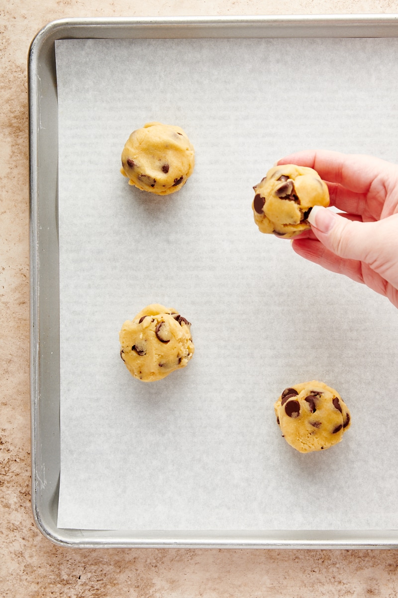 overhead view of rolled Cheesecake-Stuffed Chocolate Chip Cookie dough