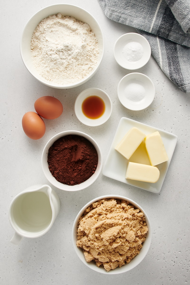 Overhead view of cocoa cake ingredients