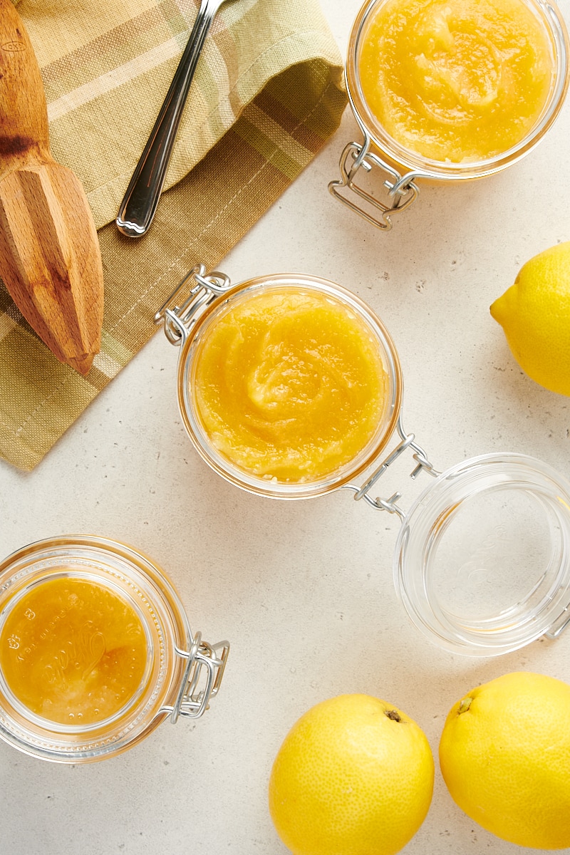 overhead view of lemon curd in small glass jars