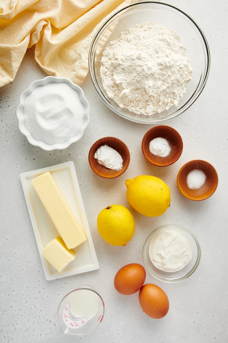 overhead view of ingredients for Lemon Crumb Muffins