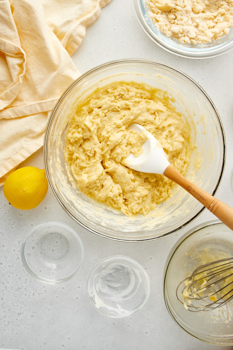 overhead view of mixed batter for Lemon Crumb Muffins